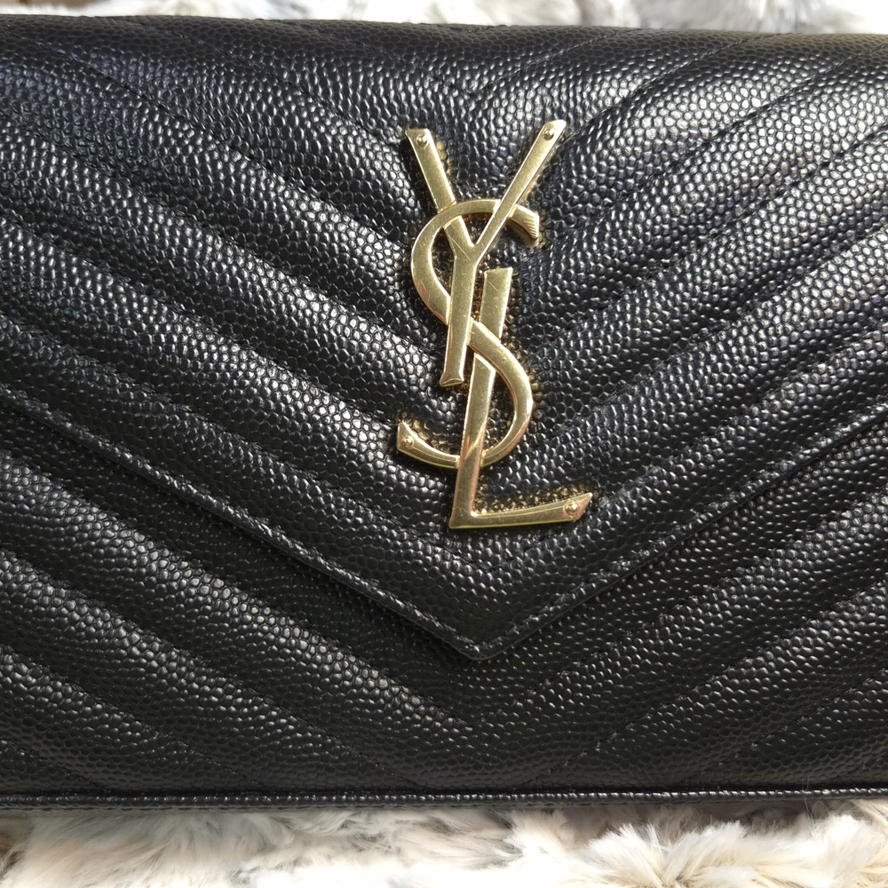 Saint Laurent Monogram Envelope Chain Wallet Bag Black Caviar Gold